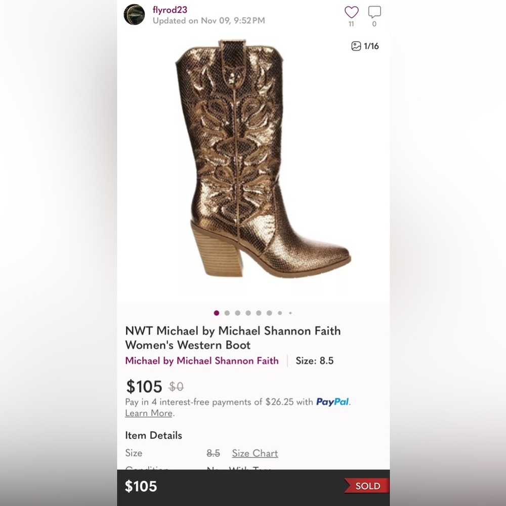 Michael by Michael Shannon Faith Western Cowboy Cowgirl Boots Womens 10 Metallic - Picture 6 of 6